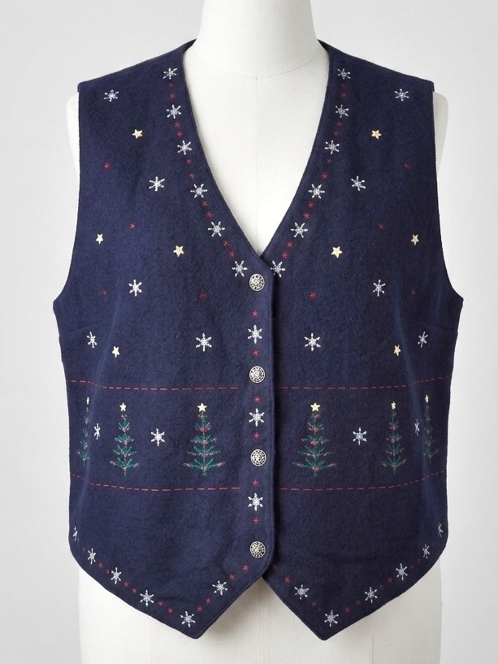 VTG Y2K Karen Scott Navy Blue Christmas Trees Snowflakes Embroidered Vest 2X